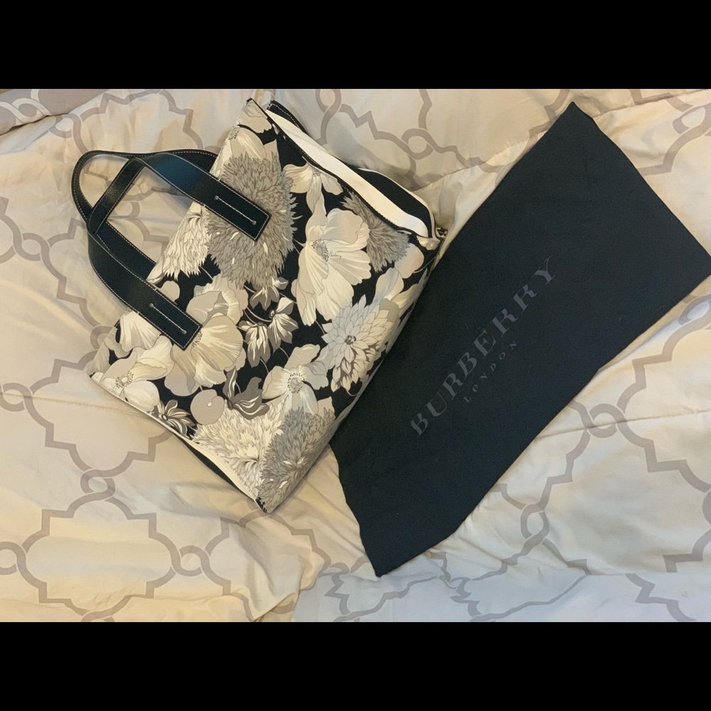 Burberry Black and White Floral Tote Bag